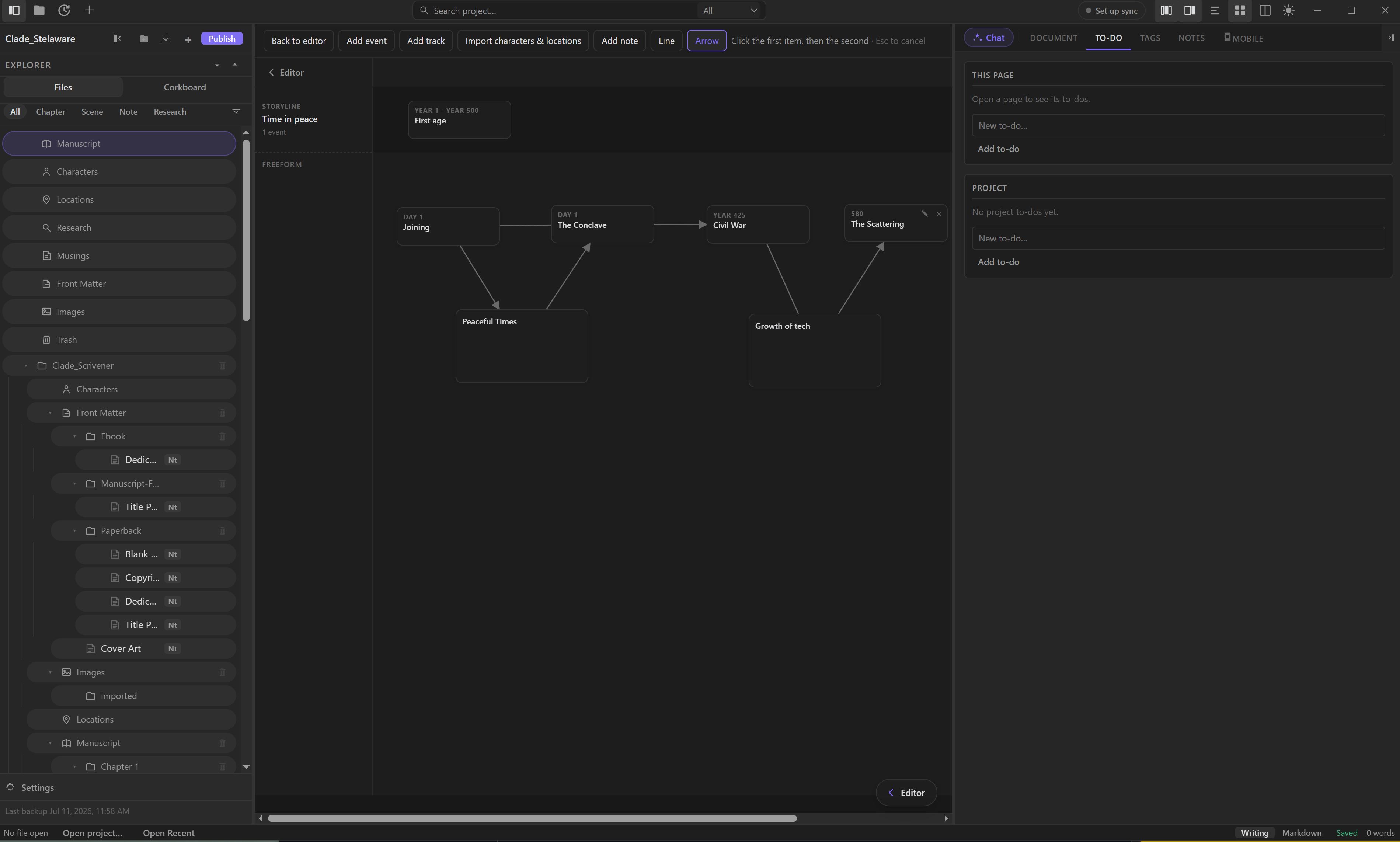 StelaWare's story canvas with a timeline and connected event nodes