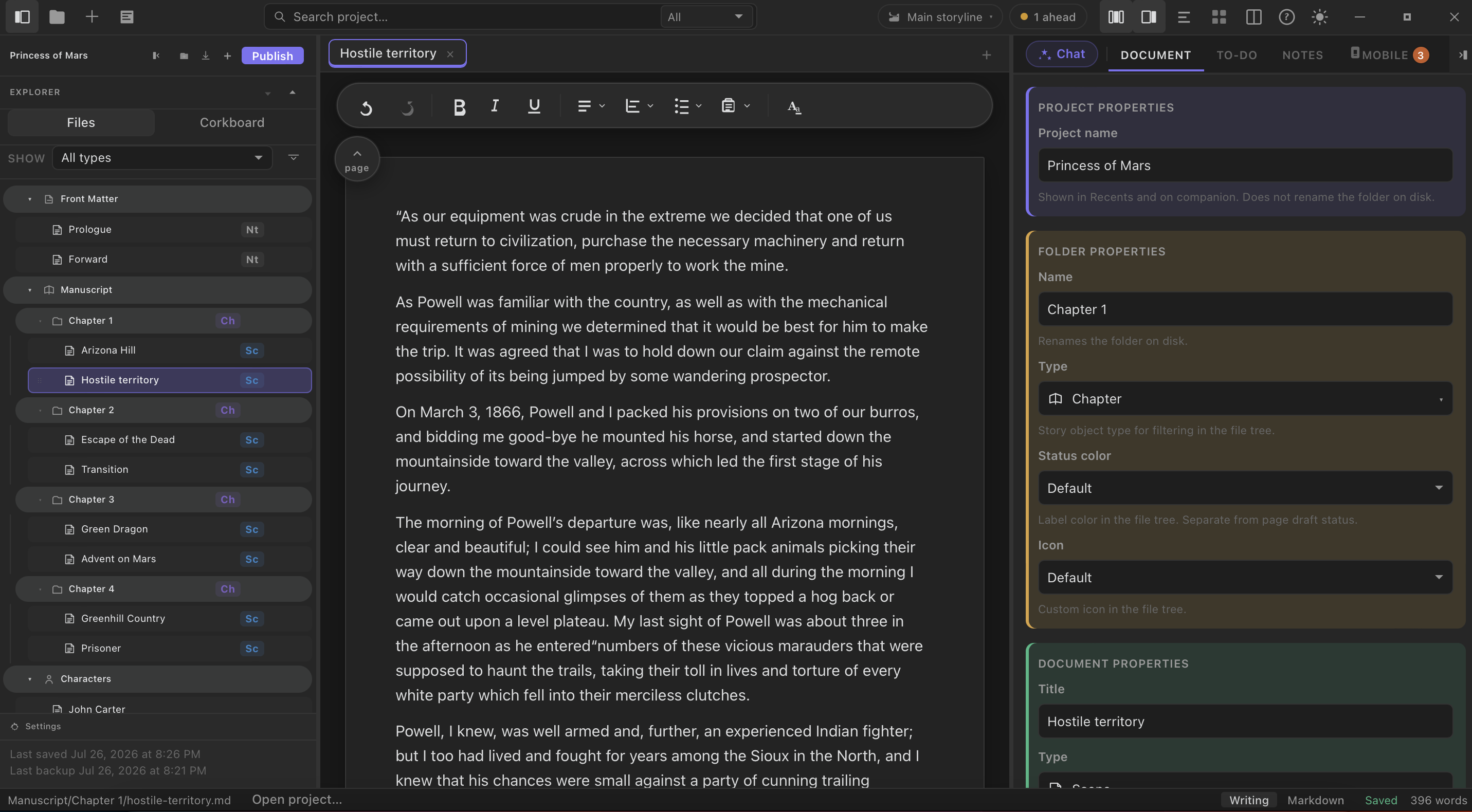 StelaWare manuscript editor in dark mode