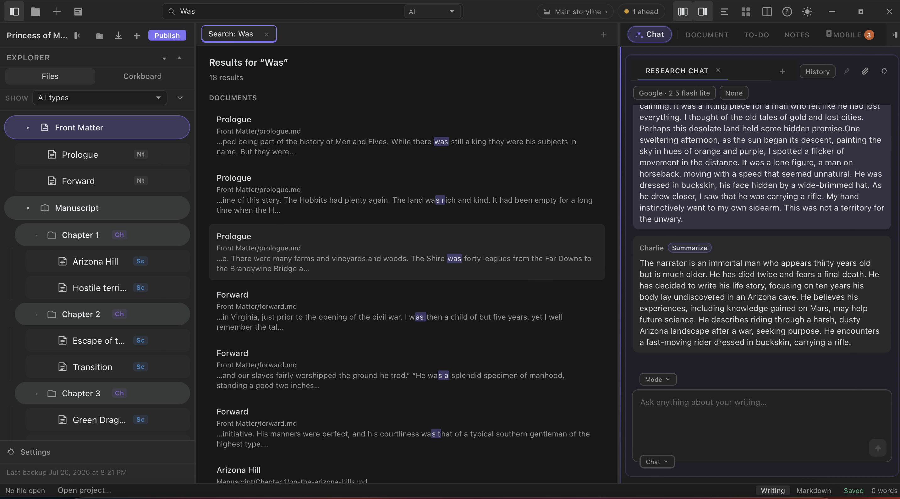 StelaWare project search results in dark mode