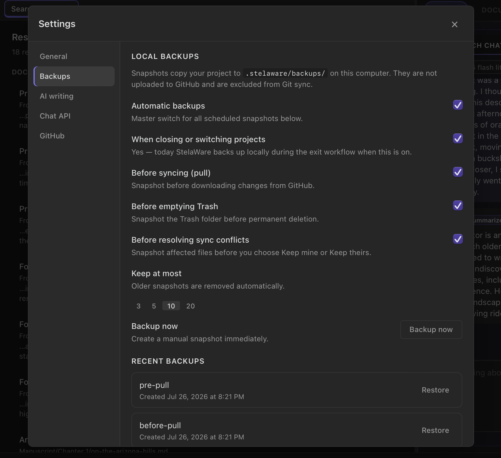 StelaWare Backups settings in dark mode