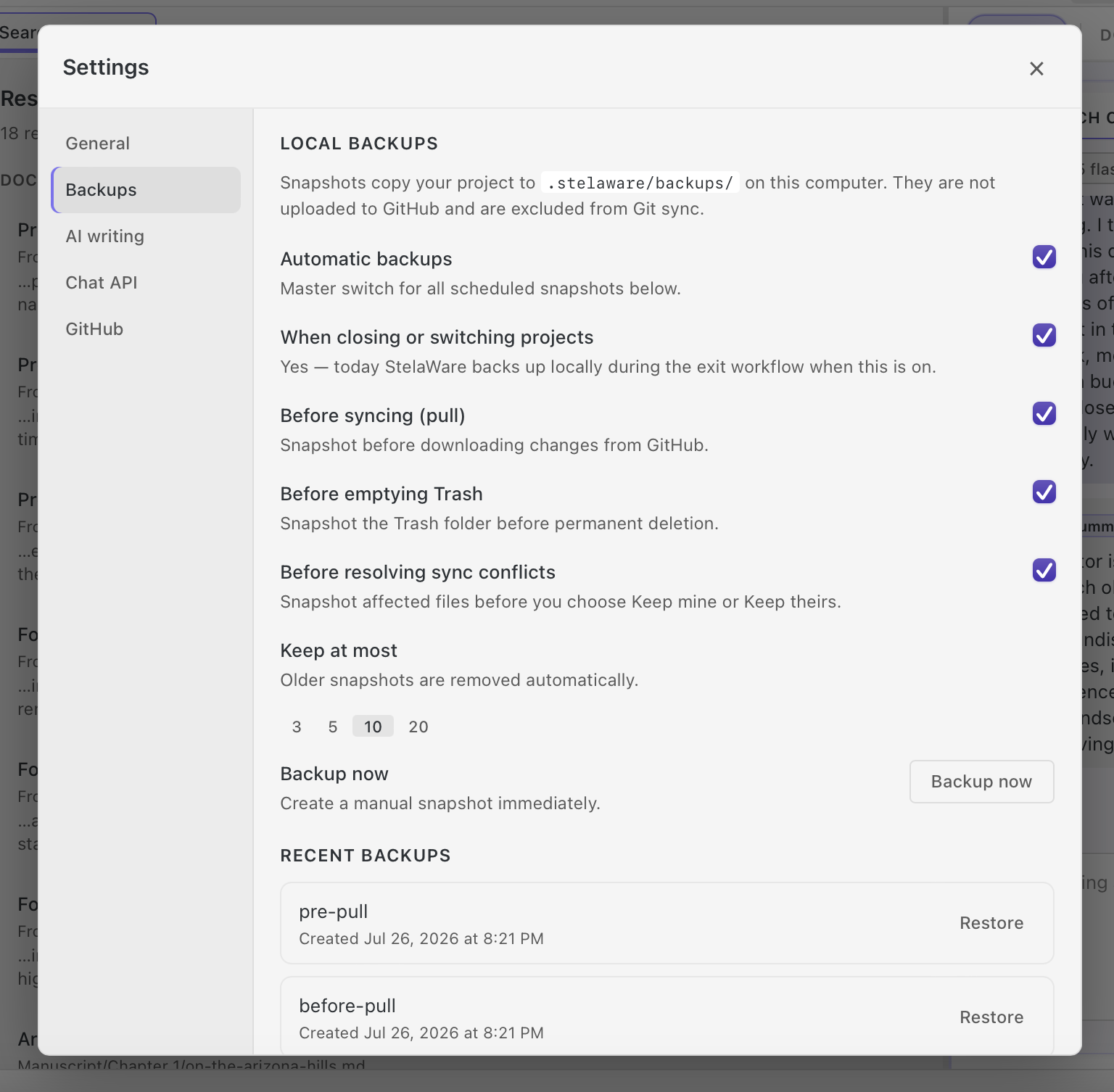StelaWare Backups settings in light mode