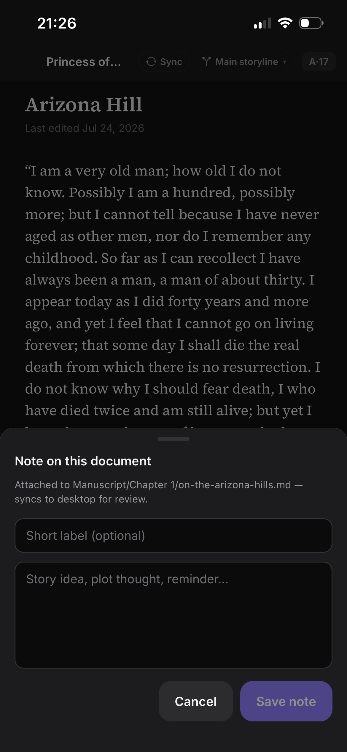 Companion note page in dark mode