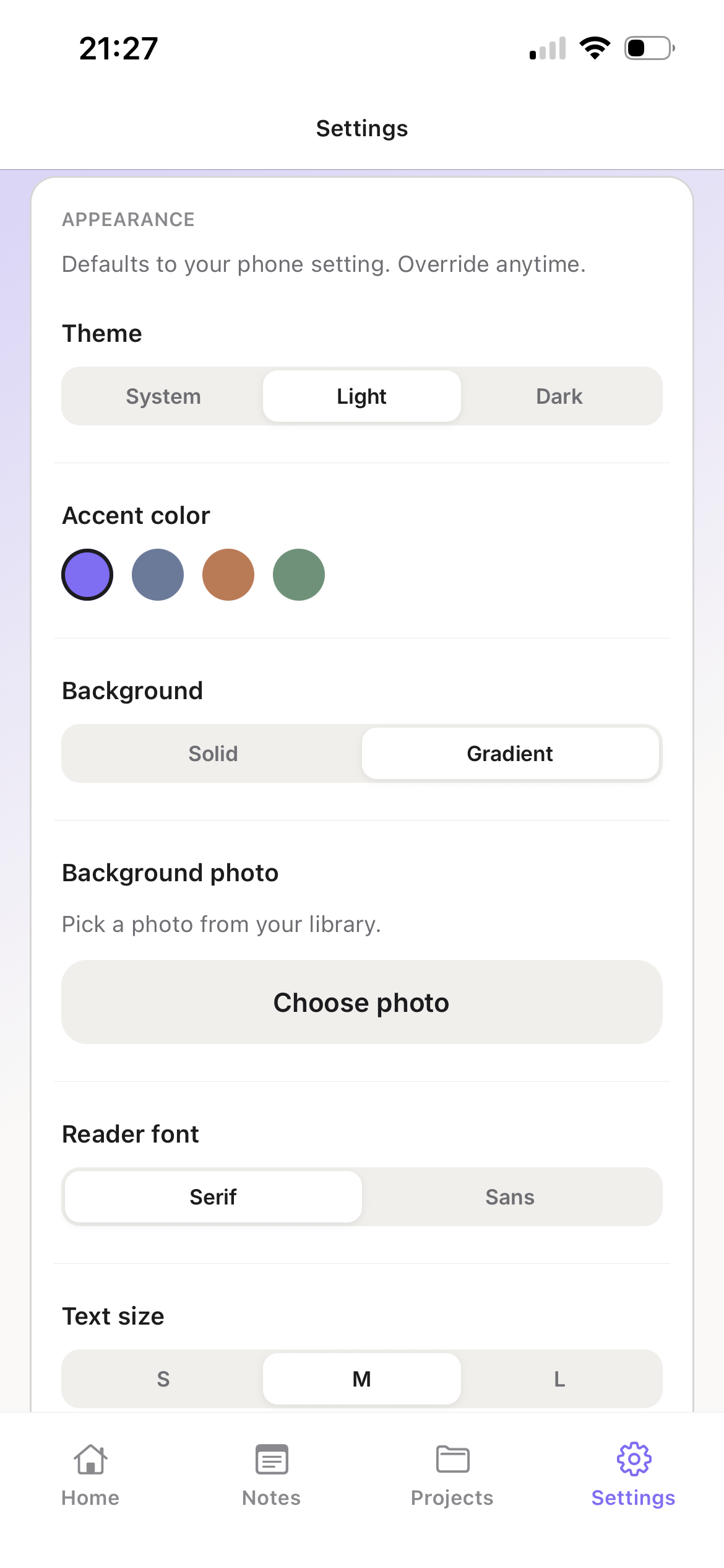 Companion settings screen